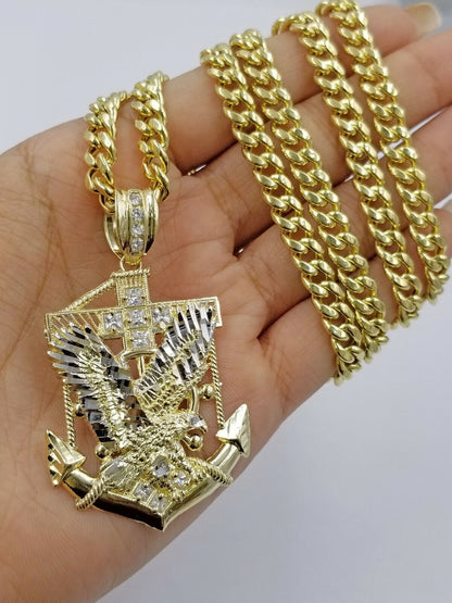 Real 10k Yellow Gold Miami Cuban Chain 24" American Eagle Anchor Charm Pendant - Reva Jeweler