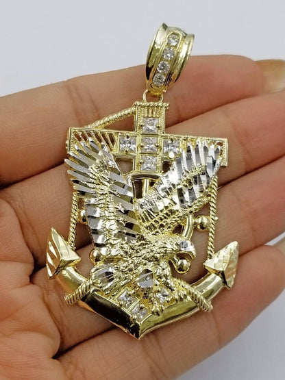 Real 10k Yellow Gold Miami Cuban Chain 24" American Eagle Anchor Charm Pendant - Reva Jeweler