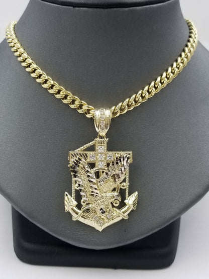 Real 10k Yellow Gold Miami Cuban Chain 24" American Eagle Anchor Charm Pendant - Reva Jeweler