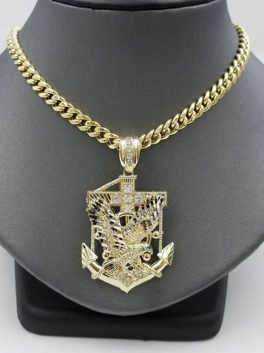 Real 10k Yellow Gold Miami Cuban Chain 24" American Eagle Anchor Charm Pendant - Reva Jeweler