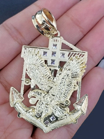 Real 10k Yellow Gold Miami Cuban Chain 24" American Eagle Anchor Charm Pendant - Reva Jeweler