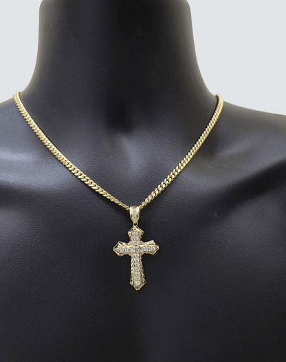 Real 10k Yellow Gold Miami Cuban Chain 5mm 18" inch Necklace Jesus Cross Charm - Reva Jeweler
