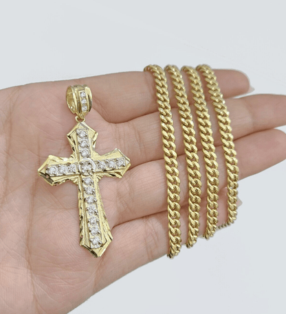 Real 10k Yellow Gold Miami Cuban Chain 5mm 20" inch Necklace Jesus Cross Charm - Reva Jeweler