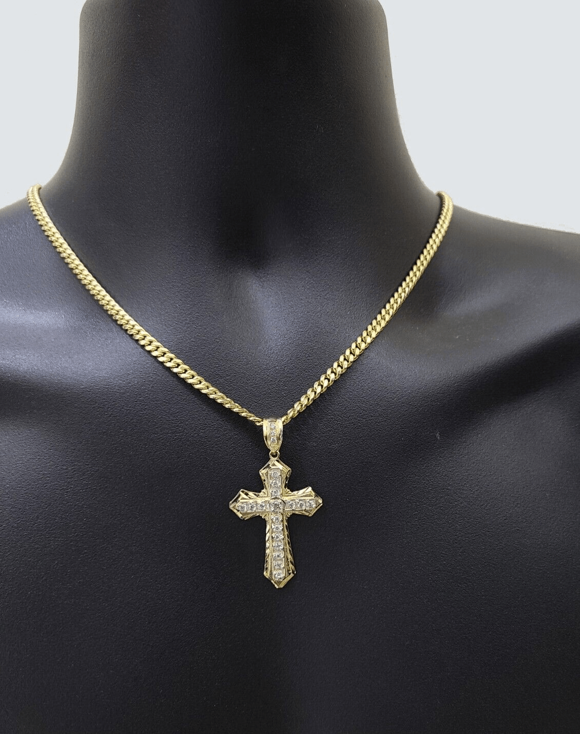 Real 10k Yellow Gold Miami Cuban Chain 5mm 20" inch Necklace Jesus Cross Charm - Reva Jeweler