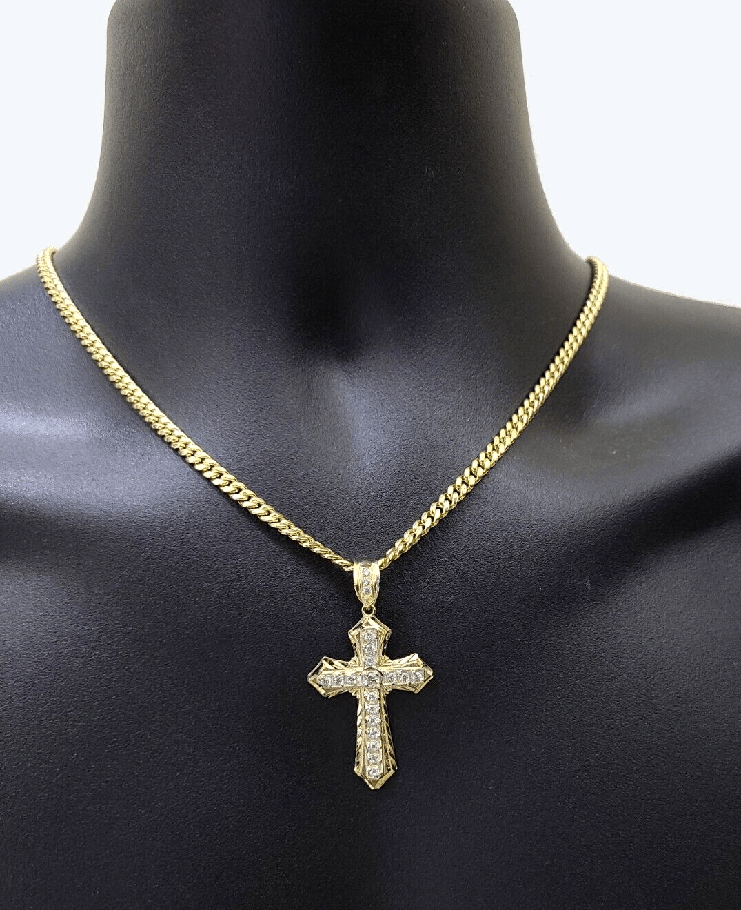Real 10k Yellow Gold Miami Cuban Chain 5mm 22" inch Necklace Jesus Cross Charm - Reva Jeweler