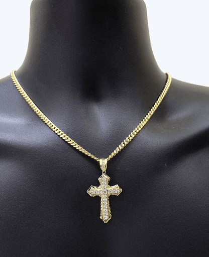 Real 10k Yellow Gold Miami Cuban Chain 5mm 22" inch Necklace Jesus Cross Charm - Reva Jeweler