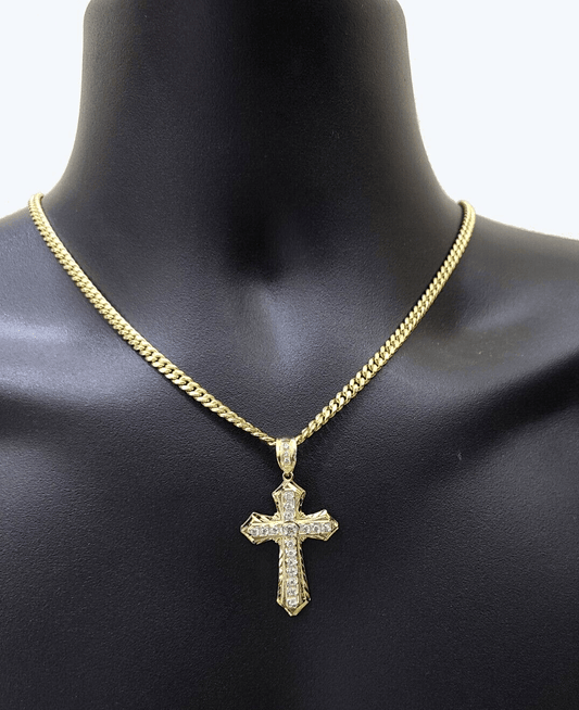 Real 10k Yellow Gold Miami Cuban Chain 5mm 22" inch Necklace Jesus Cross Charm - Reva Jeweler