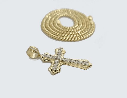 Real 10k Yellow Gold Miami Cuban Chain 5mm 24" inch Necklace Jesus Cross Charm - Reva Jeweler