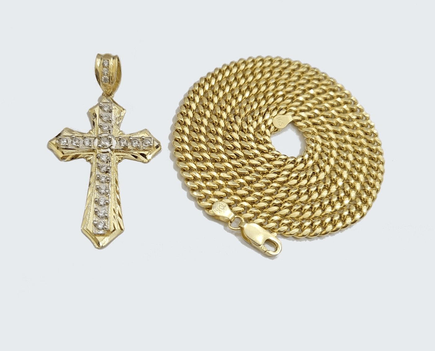 Real 10k Yellow Gold Miami Cuban Chain 5mm 28" inch Necklace Jesus Cross Charm - Reva Jeweler