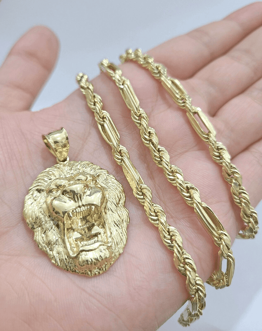Real 10k Yellow Gold Milano Rope Chain 22 Inch Necklace Lion Head Charm Pendant - Reva Jeweler