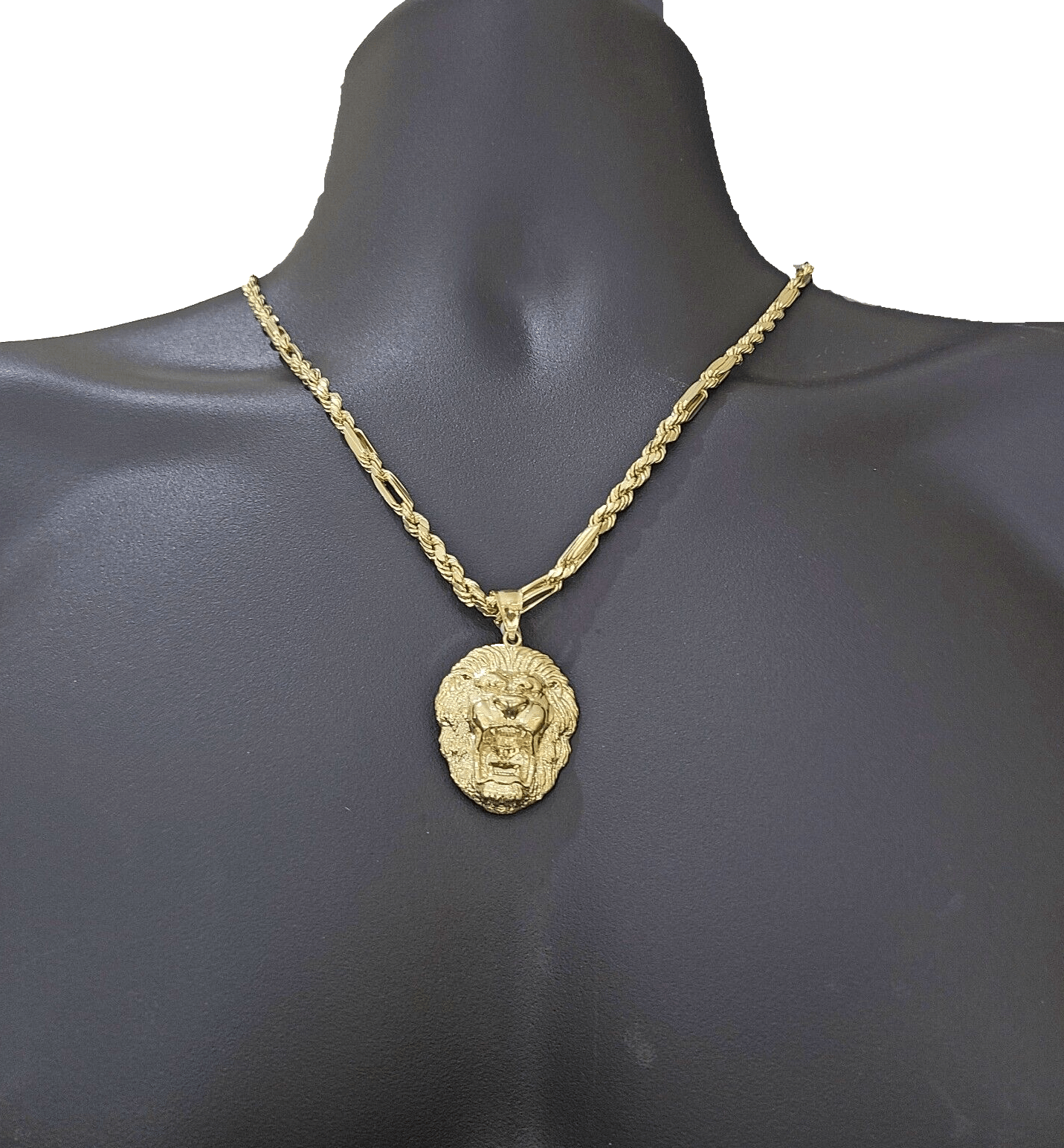 Real 10k Yellow Gold Milano Rope Chain 22 Inch Necklace Lion Head Charm Pendant - Reva Jeweler
