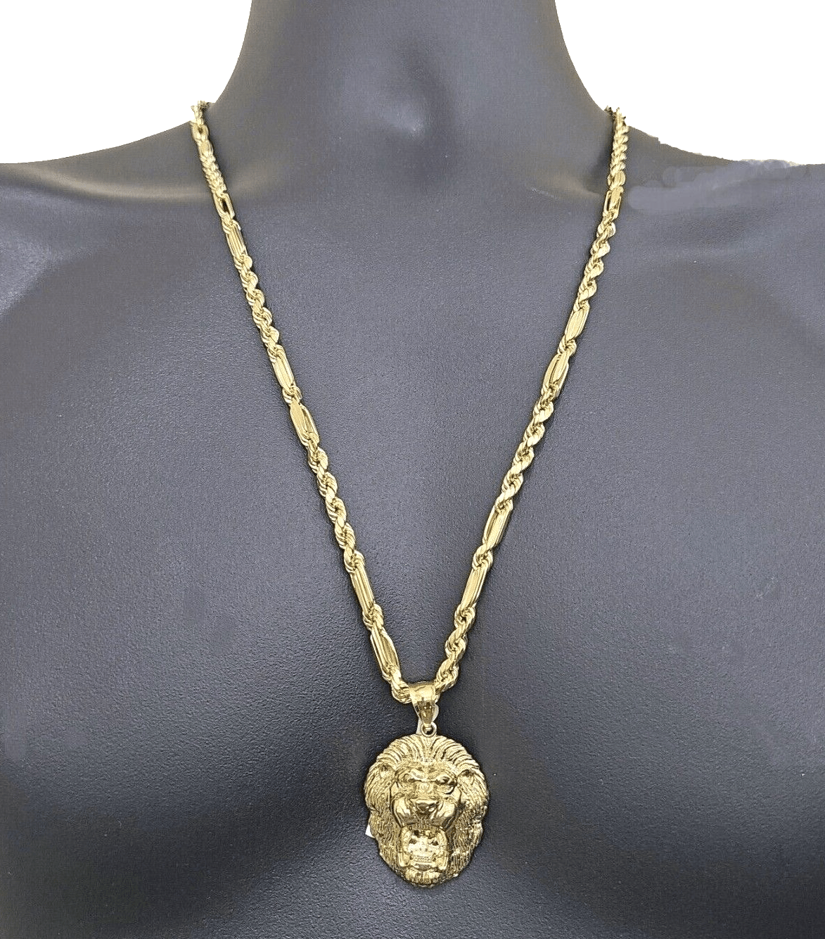 Real 10k Yellow Gold Milano Rope Chain 22 Inch Necklace Lion Head Charm Pendant - Reva Jeweler