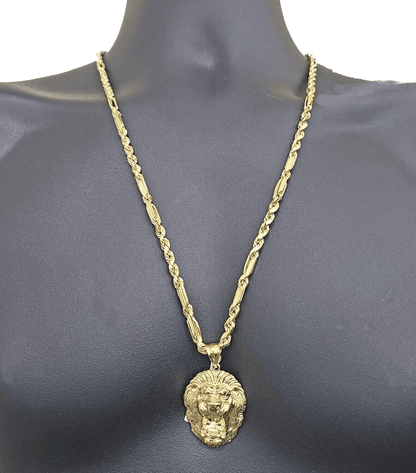 Real 10k Yellow Gold Milano Rope Chain 22 Inch Necklace Lion Head Charm Pendant - Reva Jeweler