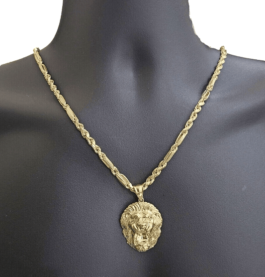 Real 10k Yellow Gold Milano Rope Chain 22 Inch Necklace Lion Head Charm Pendant - Reva Jeweler