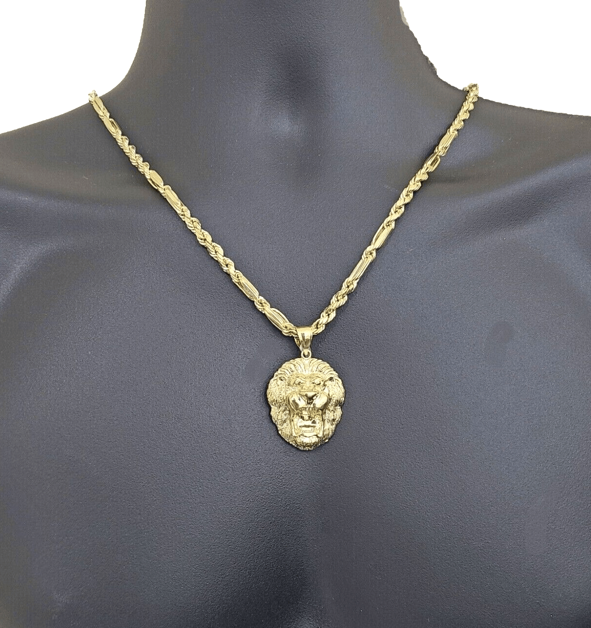 Real 10k Yellow Gold Milano Rope Chain 22 Inch Necklace Lion Head Charm Pendant - Reva Jeweler