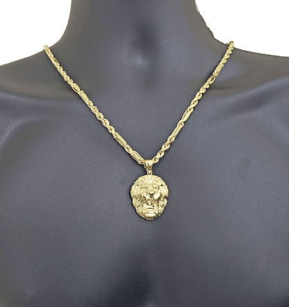Real 10k Yellow Gold Milano Rope Chain 22 Inch Necklace Lion Head Charm Pendant - Reva Jeweler
