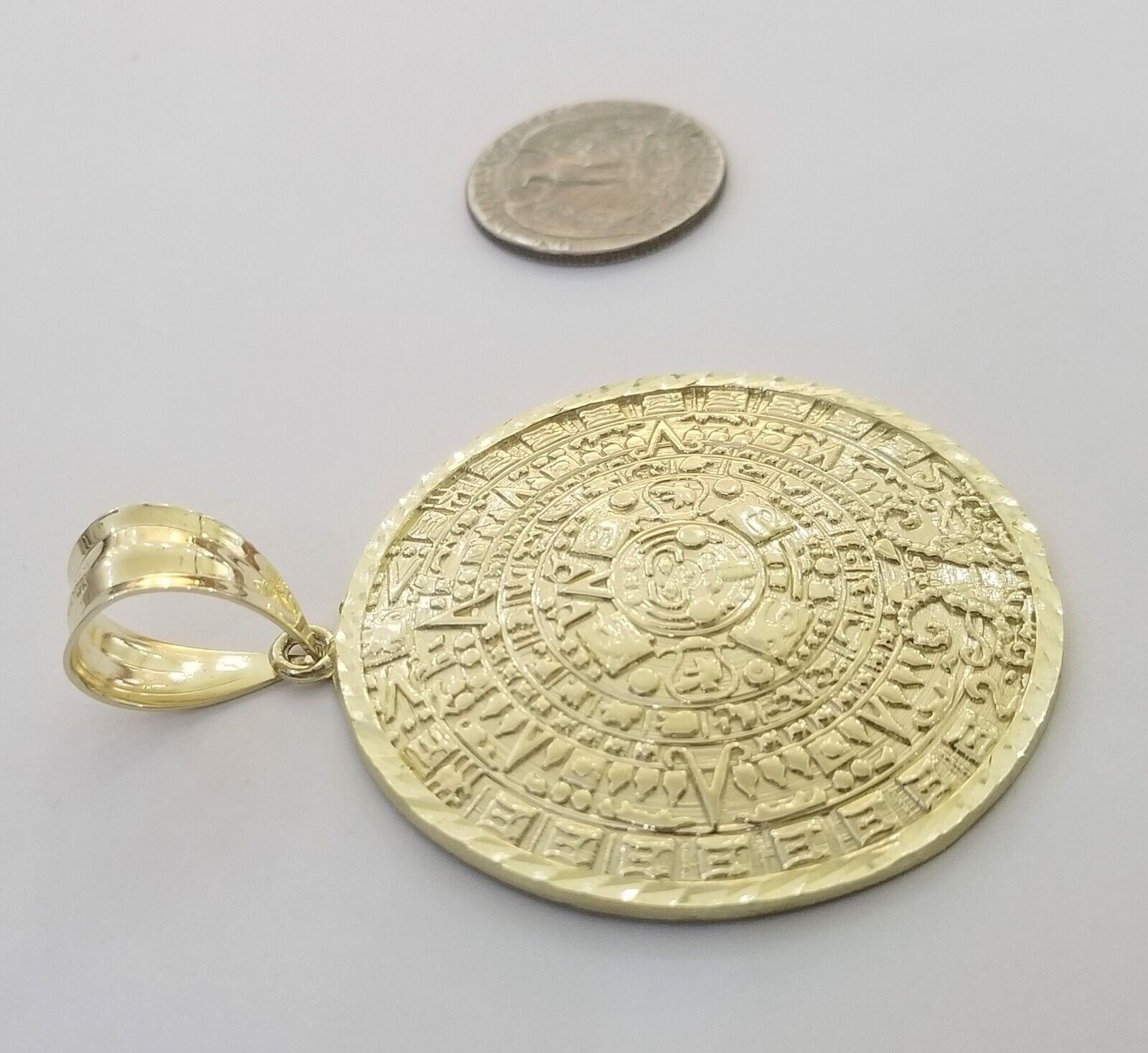 Real 10k Yellow Gold Pendant Circular Mayan Calendar Charm 2.5" SOLID 10kt - Reva Jeweler