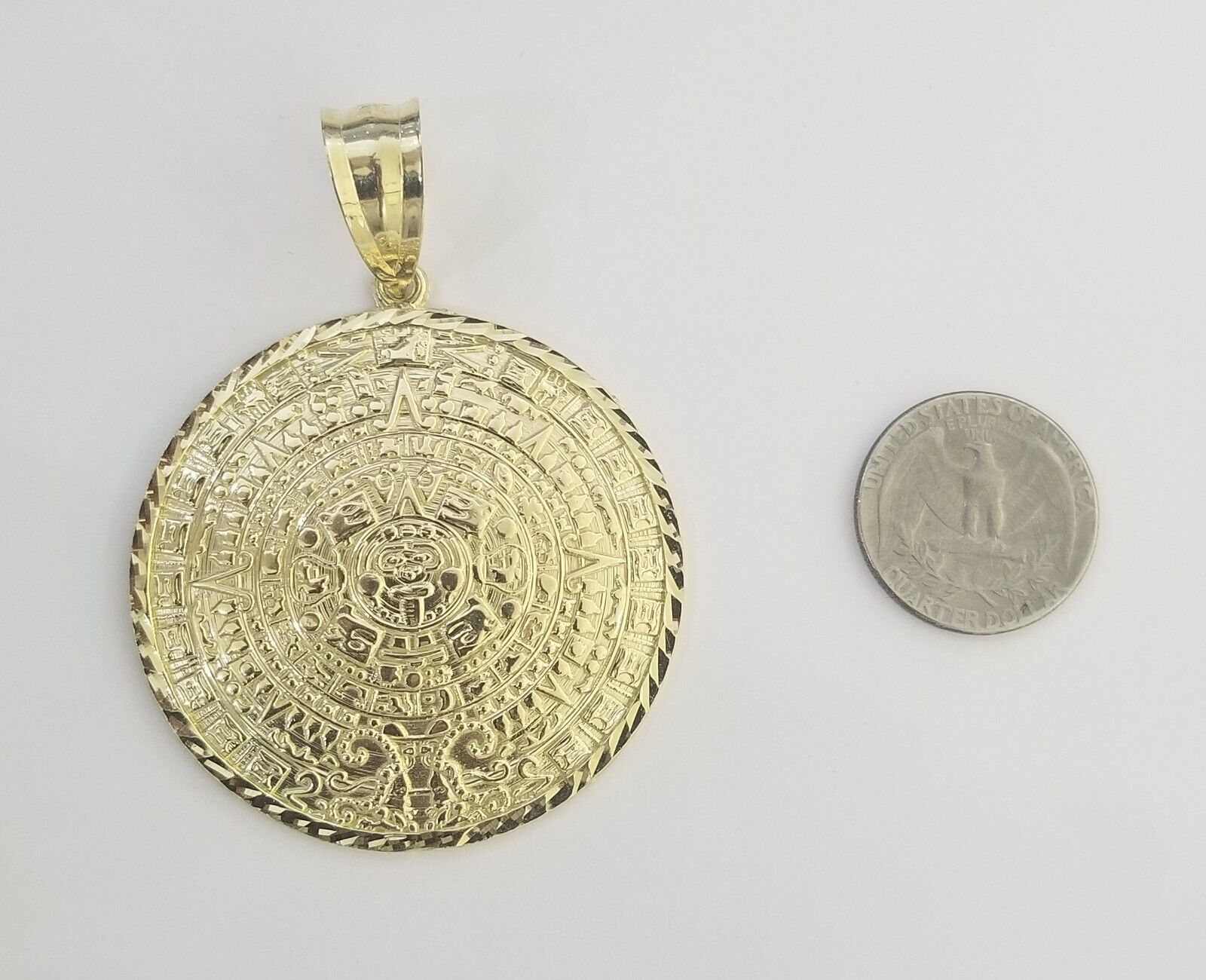 Real 10k Yellow Gold Pendant Circular Mayan Calendar Charm 2.5" SOLID 10kt - Reva Jeweler
