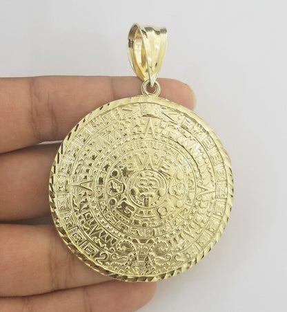 Real 10k Yellow Gold Pendant Circular Mayan Calendar Charm 2.5" SOLID 10kt - Reva Jeweler