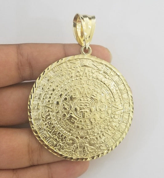 Real 10k Yellow Gold Pendant Circular Mayan Calendar Charm 2.5" SOLID 10kt - Reva Jeweler