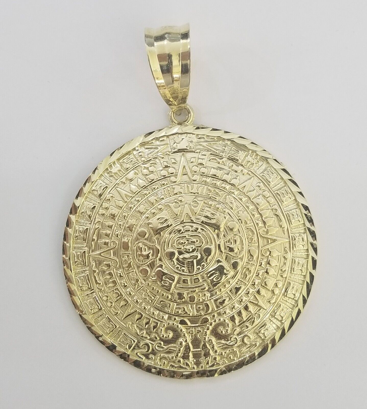 Real 10k Yellow Gold Pendant Circular Mayan Calendar Charm 2.5" SOLID 10kt - Reva Jeweler
