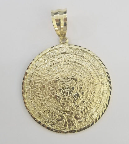 Real 10k Yellow Gold Pendant Circular Mayan Calendar Charm 2.5" SOLID 10kt - Reva Jeweler