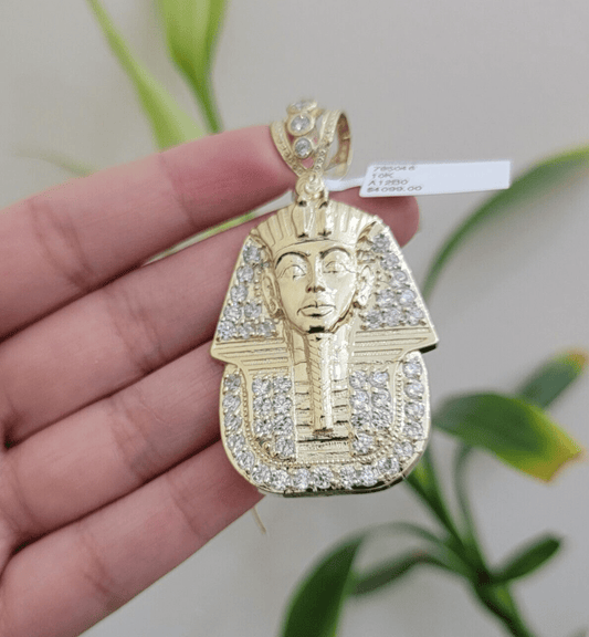 Real 10k Yellow Gold Pharaoh Head Charm Pendant 2.5" 10kt With Stones for Men's - Reva Jeweler