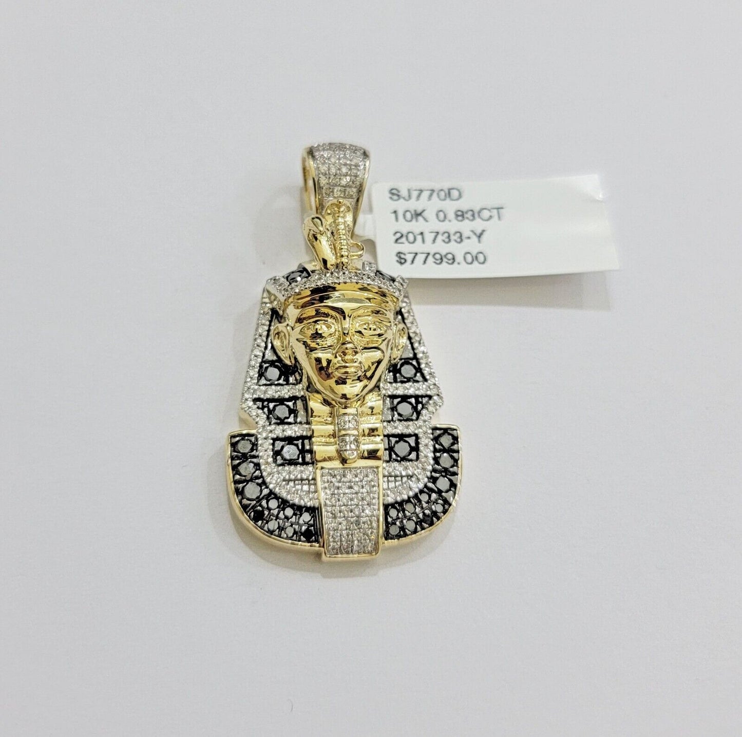 Real 10k Yellow Gold Pharoah Head Charm Pendant With black & White Diamonds Mens - Reva Jeweler