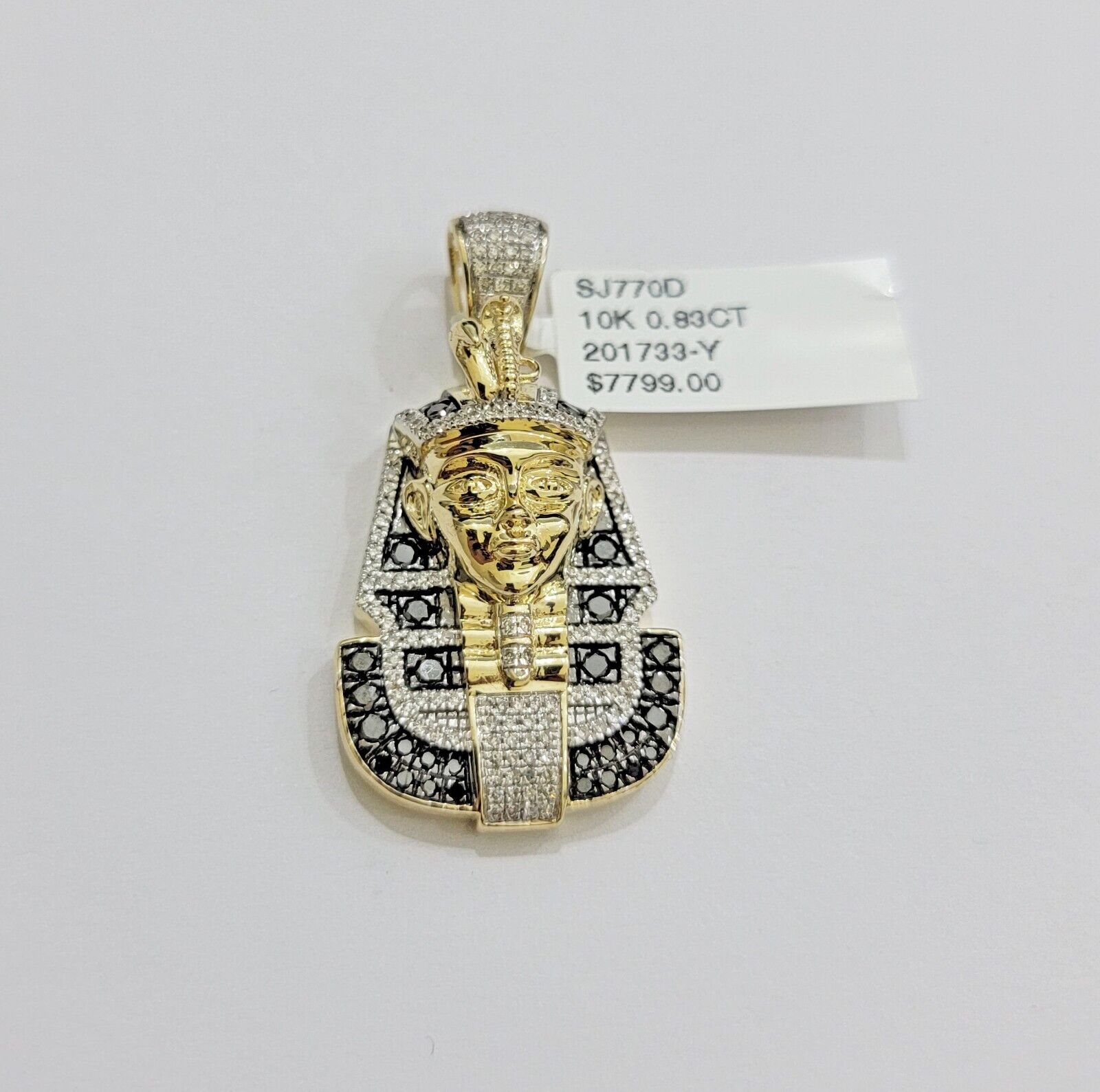 Real 10k Yellow Gold Pharoah Head Charm Pendant With black & White Diamonds Mens - Reva Jeweler