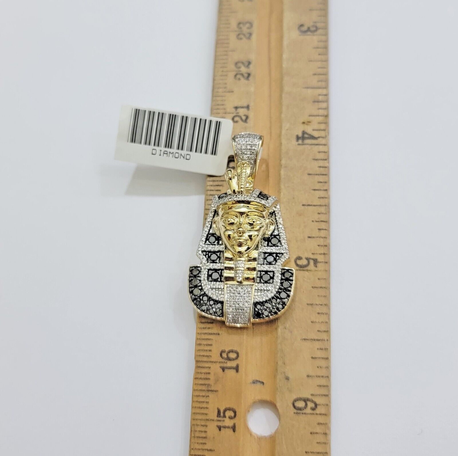 Real 10k Yellow Gold Pharoah Head Charm Pendant With black & White Diamonds Mens - Reva Jeweler