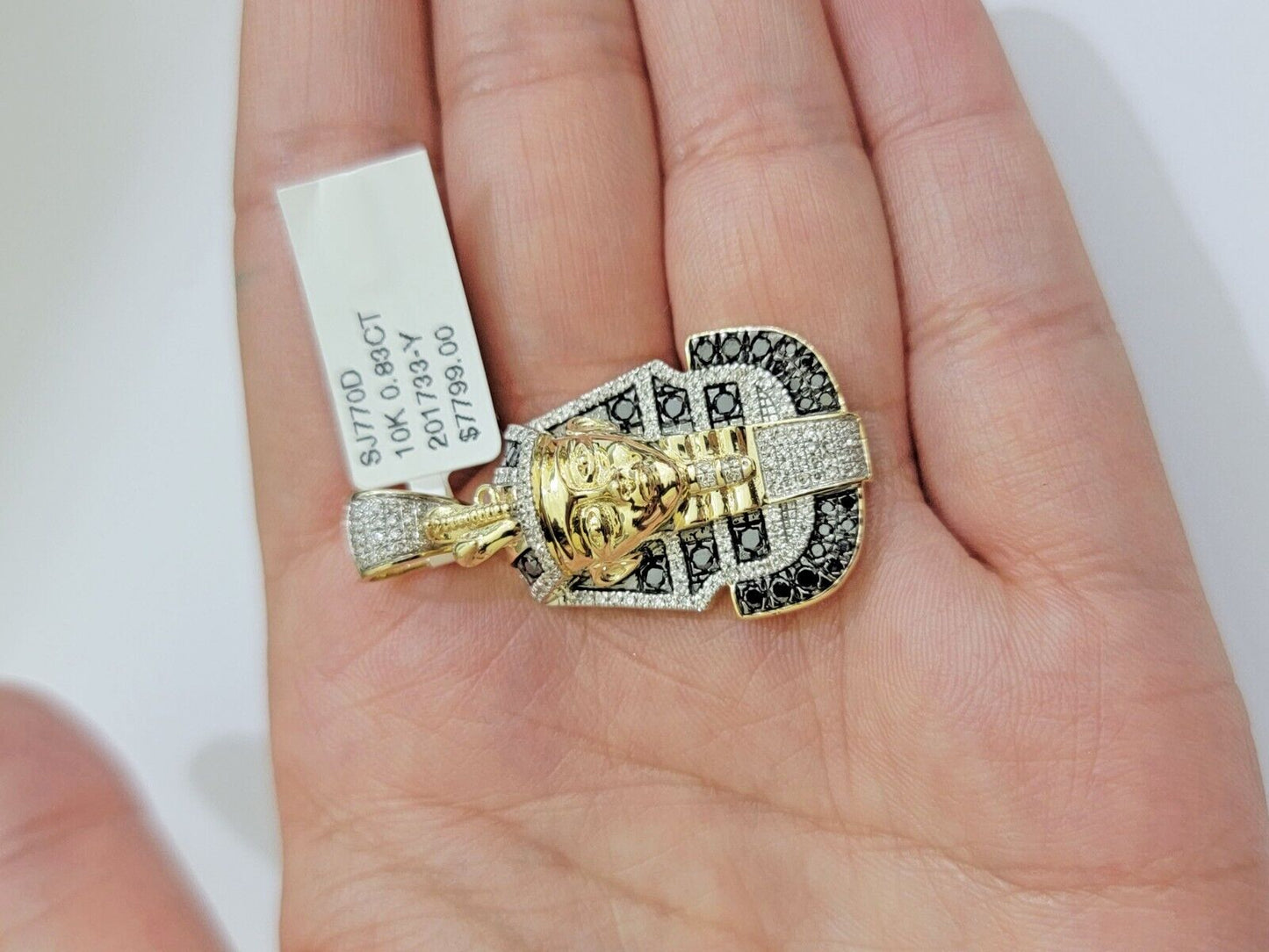 Real 10k Yellow Gold Pharoah Head Charm Pendant With black & White Diamonds Mens - Reva Jeweler