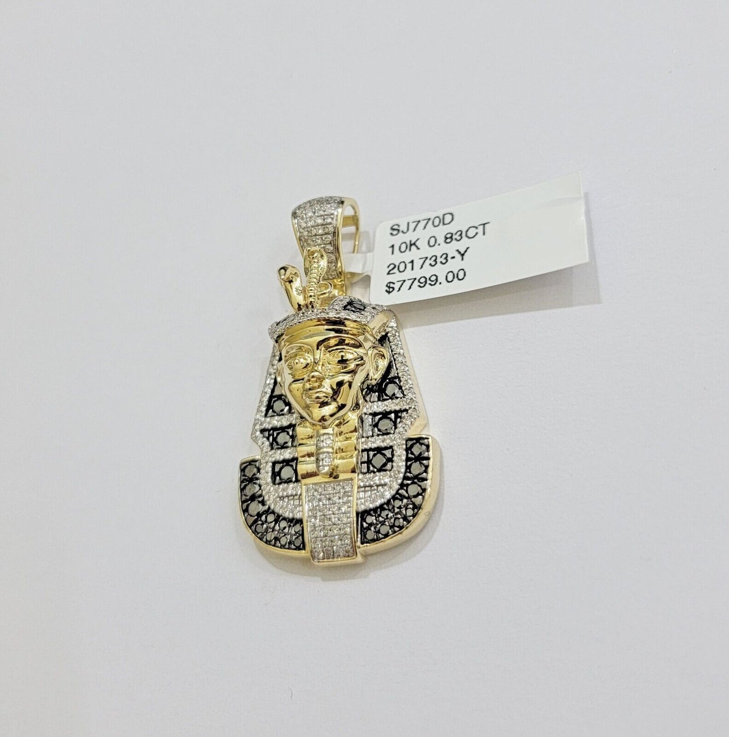 Real 10k Yellow Gold Pharoah Head Charm Pendant With black & White Diamonds Mens - Reva Jeweler