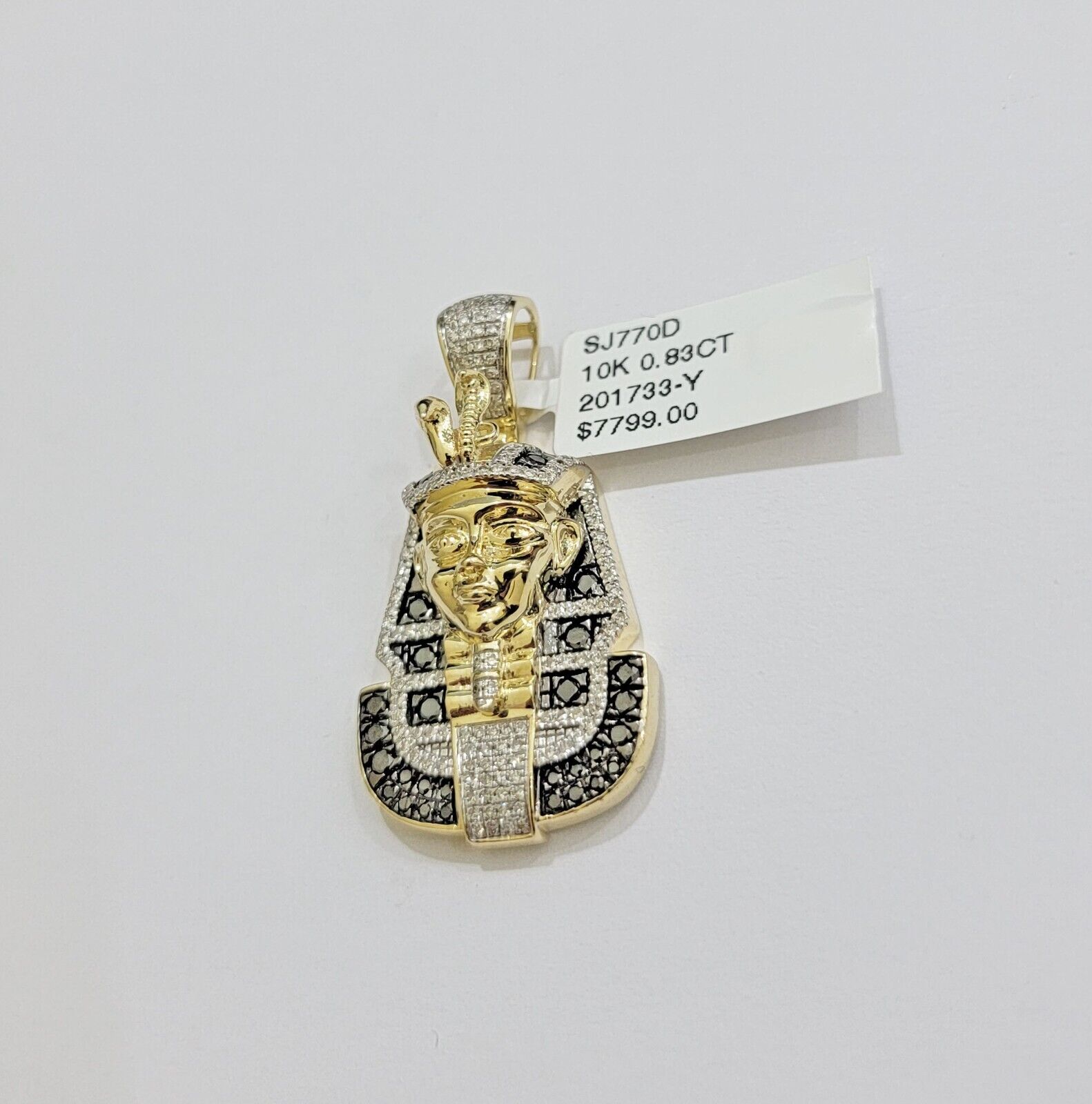 Real 10k Yellow Gold Pharoah Head Charm Pendant With black & White Diamonds Mens - Reva Jeweler