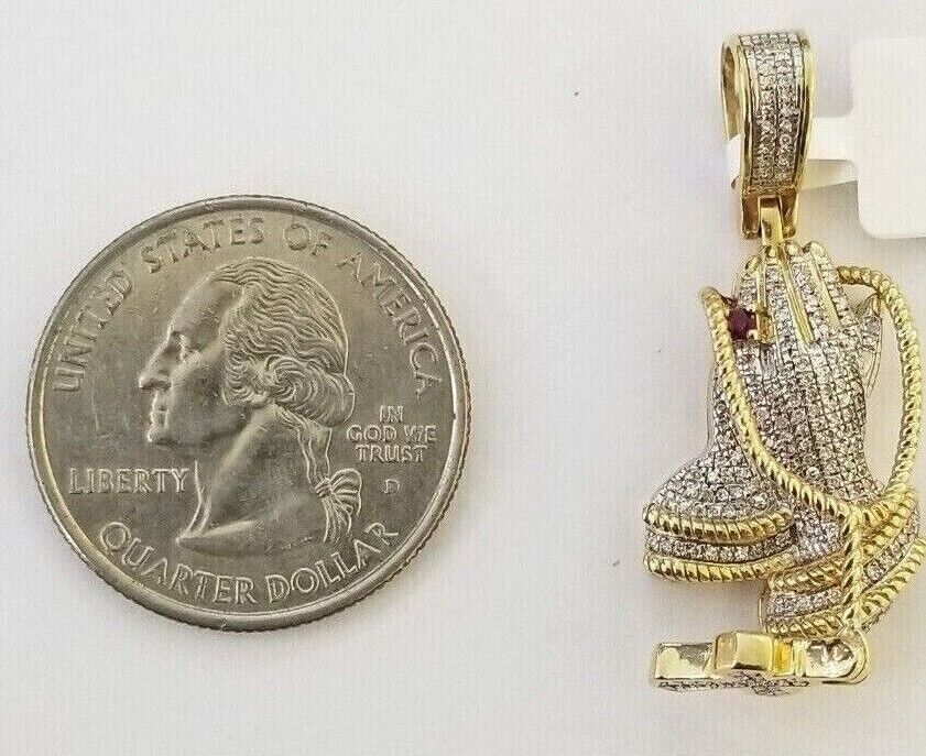 Real 10k Yellow Gold Praying Hand Cross Pendant Real Diamond Charm - Reva Jeweler
