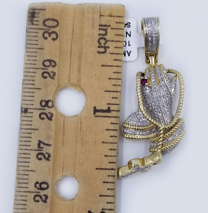 Real 10k Yellow Gold Praying Hand Cross Pendant Real Diamond Charm - Reva Jeweler