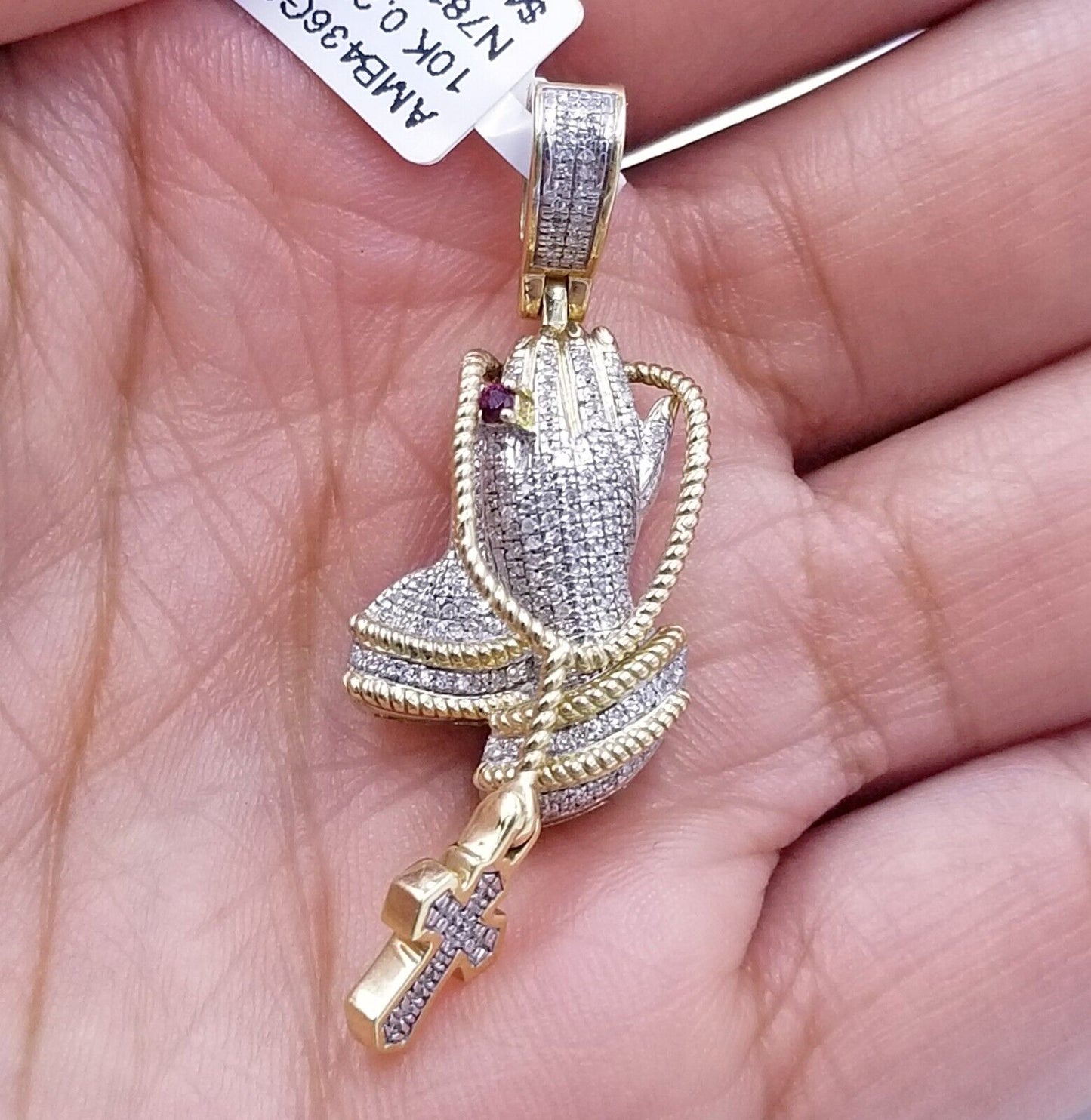 Real 10k Yellow Gold Praying Hand Cross Pendant Real Diamond Charm - Reva Jeweler