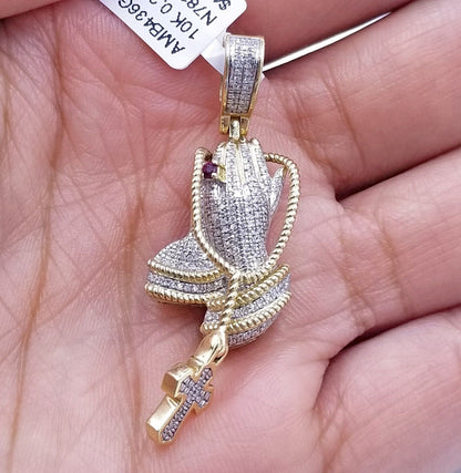 Real 10k Yellow Gold Praying Hand Cross Pendant Real Diamond Charm - Reva Jeweler