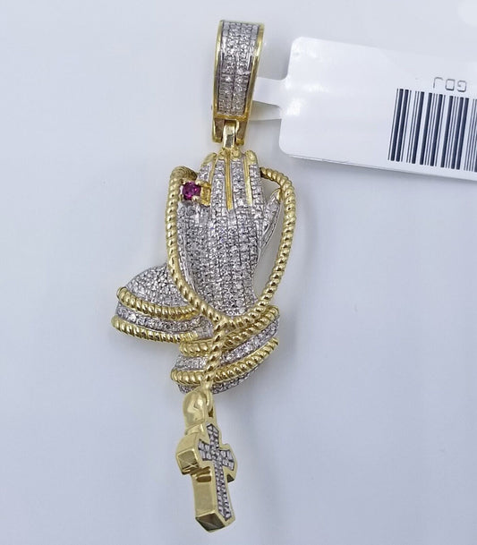 Real 10k Yellow Gold Praying Hand Cross Pendant Real Diamond Charm - Reva Jeweler