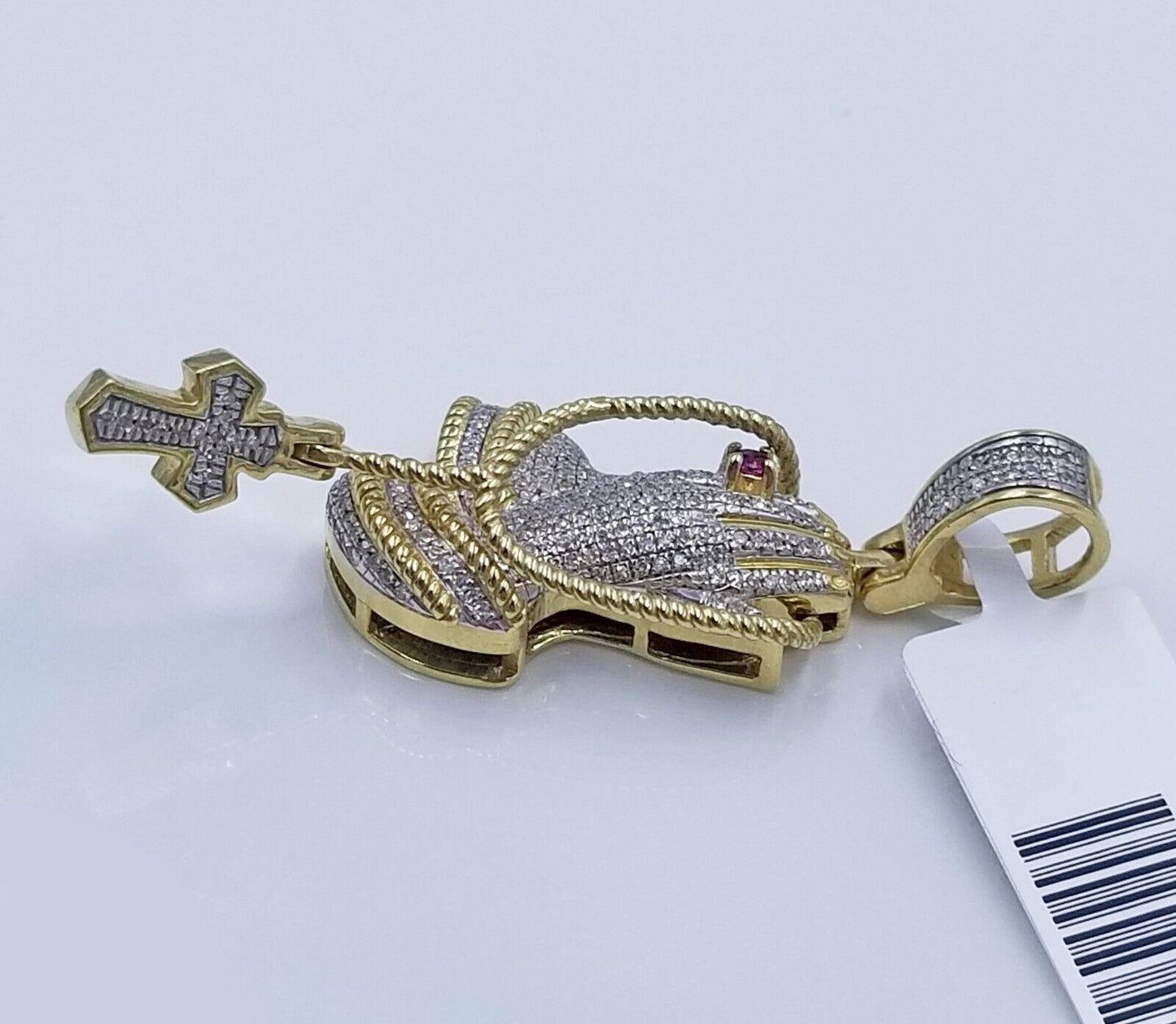 Real 10k Yellow Gold Praying Hand Cross Pendant Real Diamond Charm - Reva Jeweler