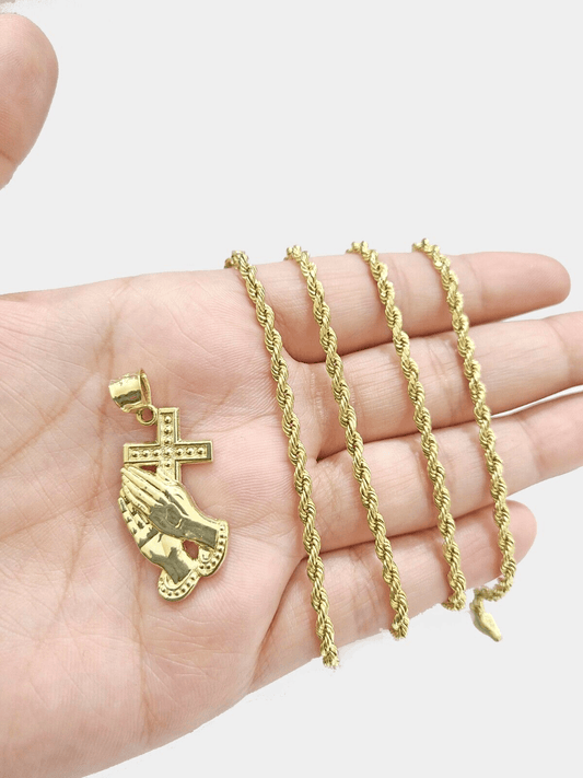Real 10k Yellow Gold Rope Chain 20'' Necklace Praying Hand Cross Charm Pendant - GoldenlinQ
