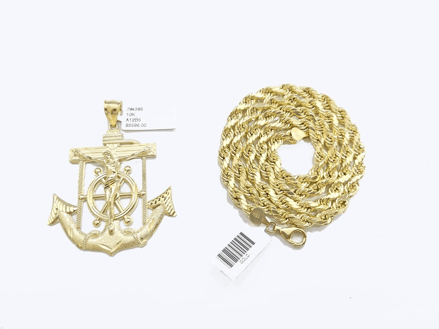 Real 10k Yellow Gold Rope Chain 22'' Necklace anchor cross charm pendant - Reva Jeweler
