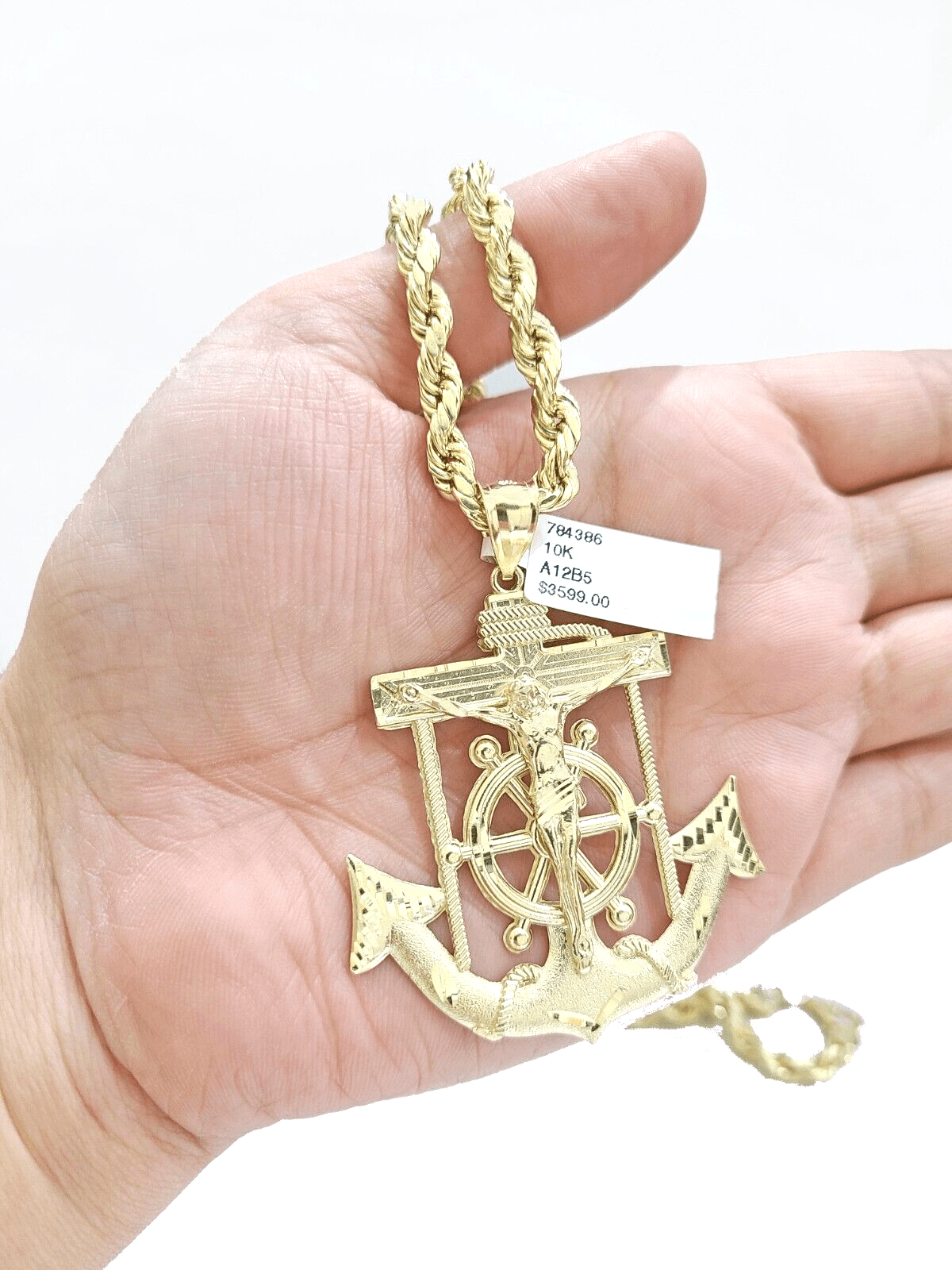 Real 10k Yellow Gold Rope Chain 22'' Necklace anchor cross charm pendant - Reva Jeweler