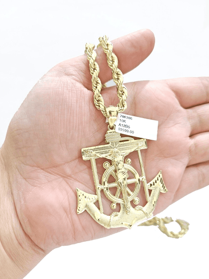 Real 10k Yellow Gold Rope Chain 22'' Necklace anchor cross charm pendant - Reva Jeweler
