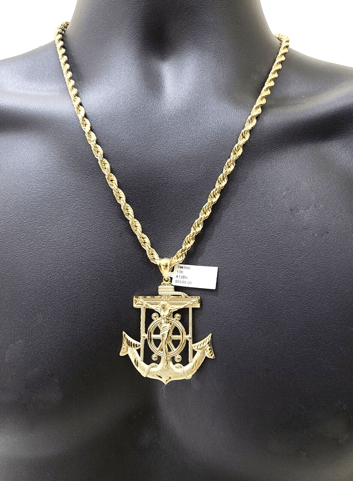 Real 10k Yellow Gold Rope Chain 22'' Necklace anchor cross charm pendant - Reva Jeweler