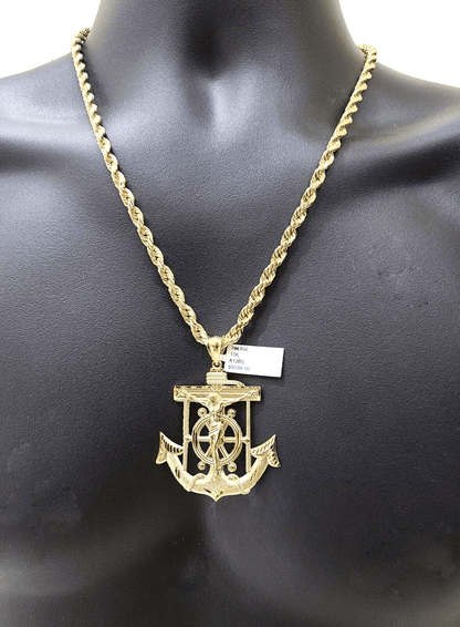 Real 10k Yellow Gold Rope Chain 22'' Necklace anchor cross charm pendant - Reva Jeweler