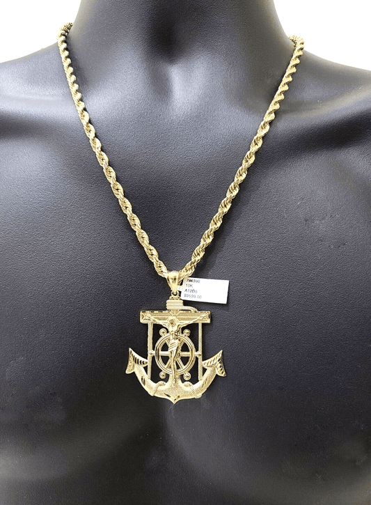 Real 10k Yellow Gold Rope Chain 22'' Necklace anchor cross charm pendant - Reva Jeweler