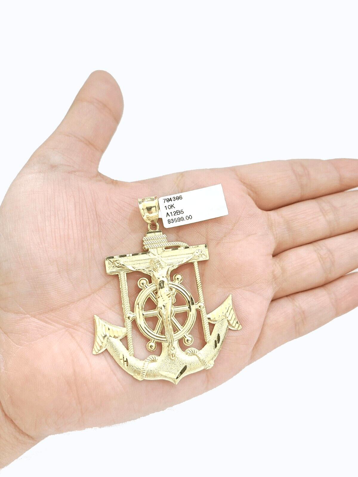 Real 10k Yellow Gold Rope Chain 22'' Necklace anchor cross charm pendant - Reva Jeweler