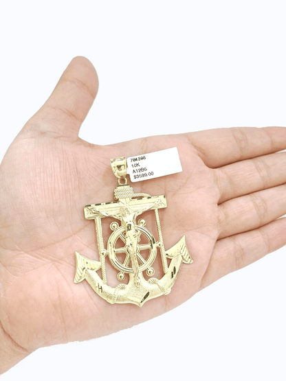Real 10k Yellow Gold Rope Chain 22'' Necklace anchor cross charm pendant - Reva Jeweler