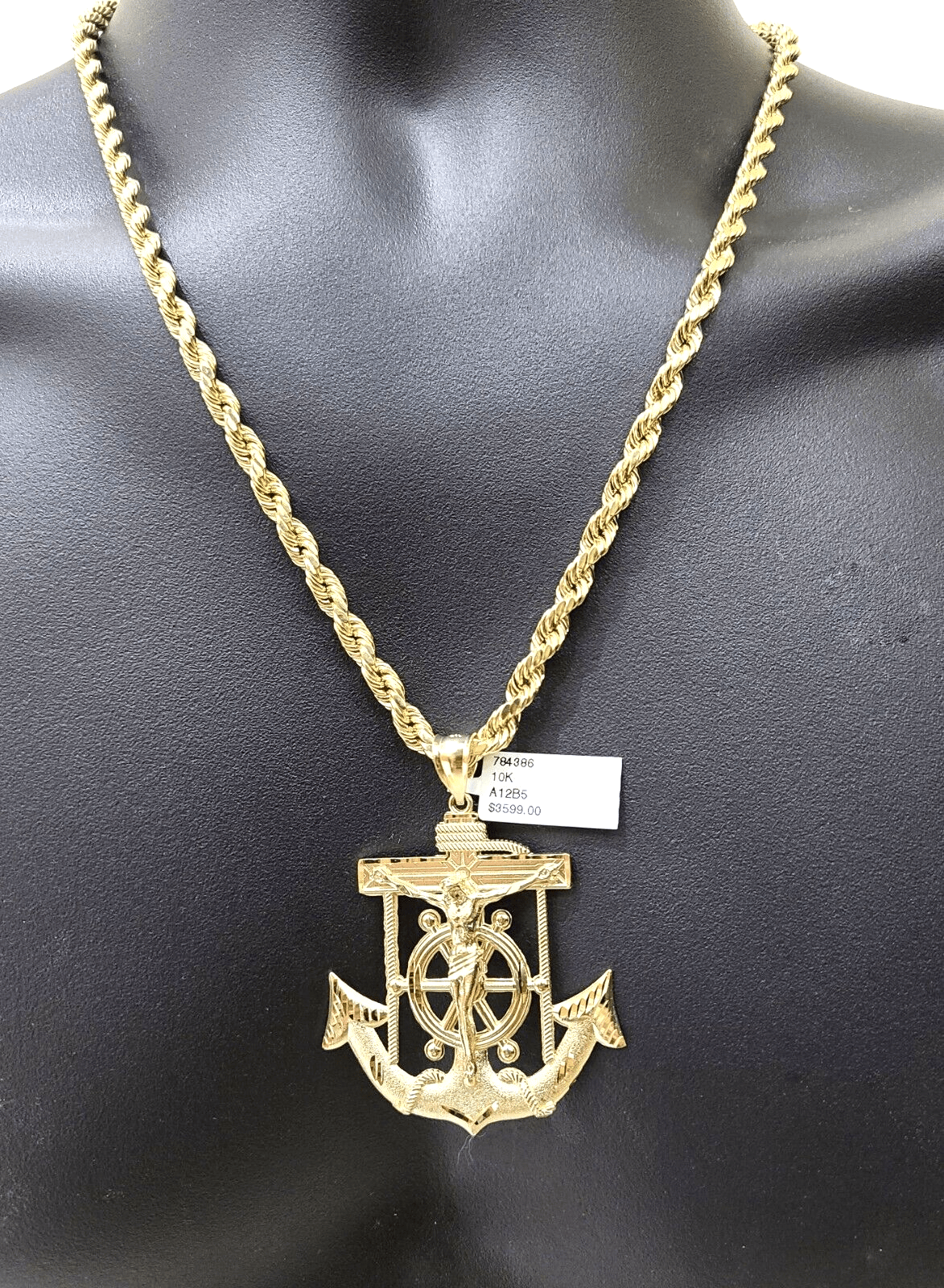 Real 10k Yellow Gold Rope Chain 22'' Necklace anchor cross charm pendant - Reva Jeweler