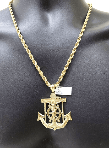 Real 10k Yellow Gold Rope Chain 22'' Necklace anchor cross charm pendant - Reva Jeweler